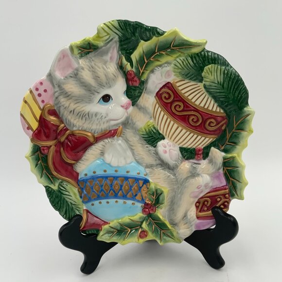 Fitz and Floyd Essentials Christmas Kitty Cat Plate Wall Hanging 9" - Picture 1 of 10